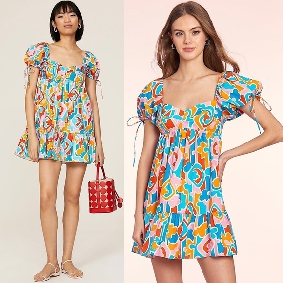 Amanda Uprichard Dresses & Skirts - AMANDA UPRICHARD 90s Abstract Graphic Print Puff Short Sleeve Babydoll Dress L‎